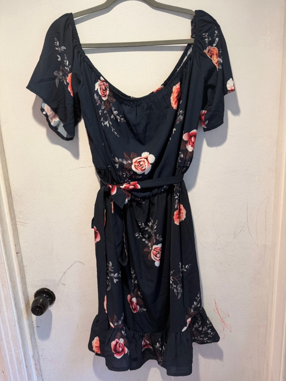 YOINS Navy Floral Midi Dress with Pink Rose Print and Waist Tie